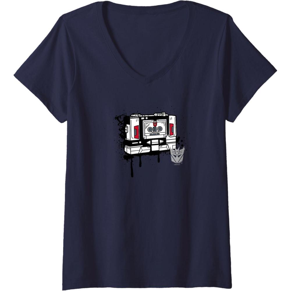 image:imageWomens Transformers Soundwave Tape Cassette Player Form Graffiti VNeck TShirtNavy Blue