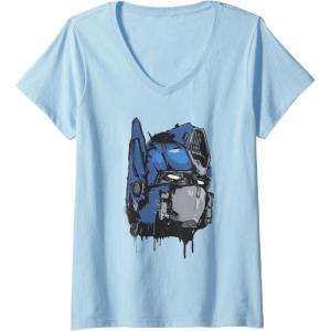 Womens Transformers: Rise of The Beasts Optimus Dripping Retro Shot V-Neck T-Shirt(Baby Blue)