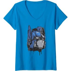 Womens Transformers: Rise of The Beasts Optimus Dripping Retro Shot V-Neck T-Shirt(Sapphire Blue)