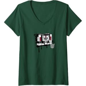 Womens Transformers Soundwave Tape Cassette Player Form Graffiti V-Neck T-Shirt(Dark Green)