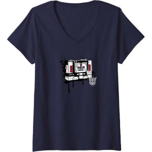 Womens Transformers Soundwave Tape Cassette Player Form Graffiti V-Neck T-Shirt(Navy Blue)