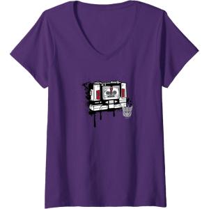 Womens Transformers Soundwave Tape Cassette Player Form Graffiti V-Neck T-Shirt(Purple)
