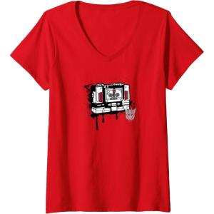 Womens Transformers Soundwave Tape Cassette Player Form Graffiti V-Neck T-Shirt(Red)