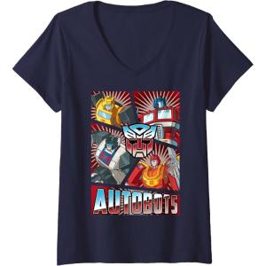 Womens Transformers Autobots Cut Up Retro Vintage Panels V-Neck T-Shirt(Navy Blue)