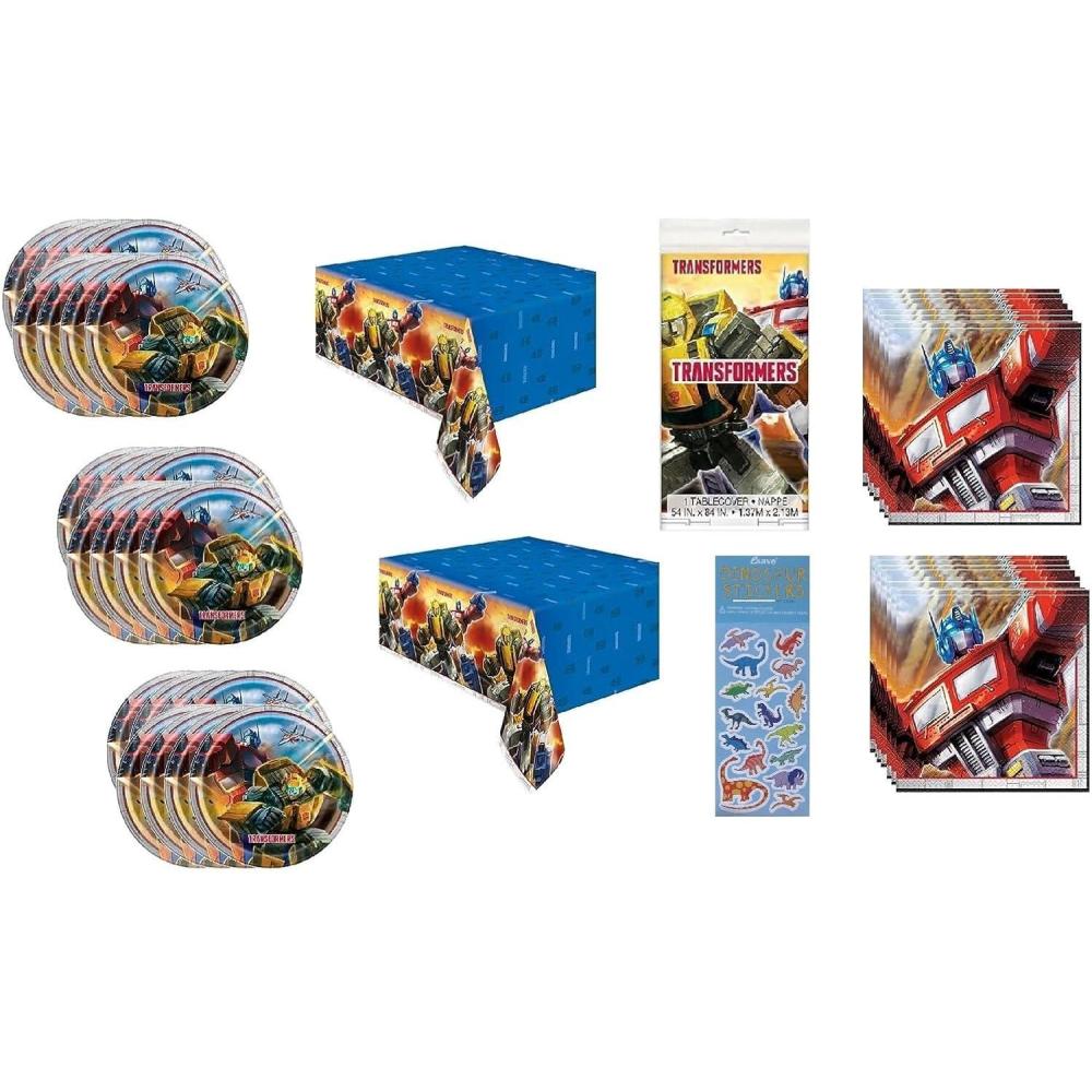 image:imageTransformers Birthday Party Supplies Large Bundle Pack includes 24 Lunch Plates 32 Lunch Napkins 2 Table Covers 1 Dinosaur Sticker Sheet