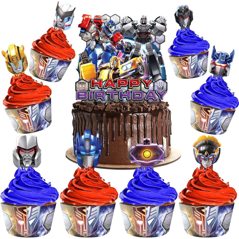 image:imageTreasures Gifted Officially Licensed Transformers Cake Decorations Set  24 Transformers Cupcake Toppers amp Wrappers  1 Transformers Cake Topper  Transformers Birthday Party Supplies