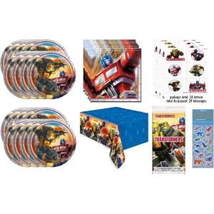 Transformers Birthday Party Supplies Bundle Pack Serves 16 includes 16 Plates, 16 Napkins, 1 Table Cover, 24Tattoos, 1 Dinosaur Sticker Sheet