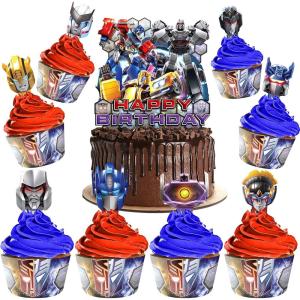 Treasures Gifted Officially Licensed Transformers Cake Decorations Set – (24) Transformers Cupcake Toppers & Wrappers – (1) Transformers Cake Topper – Transformers Birthday Party Supplies