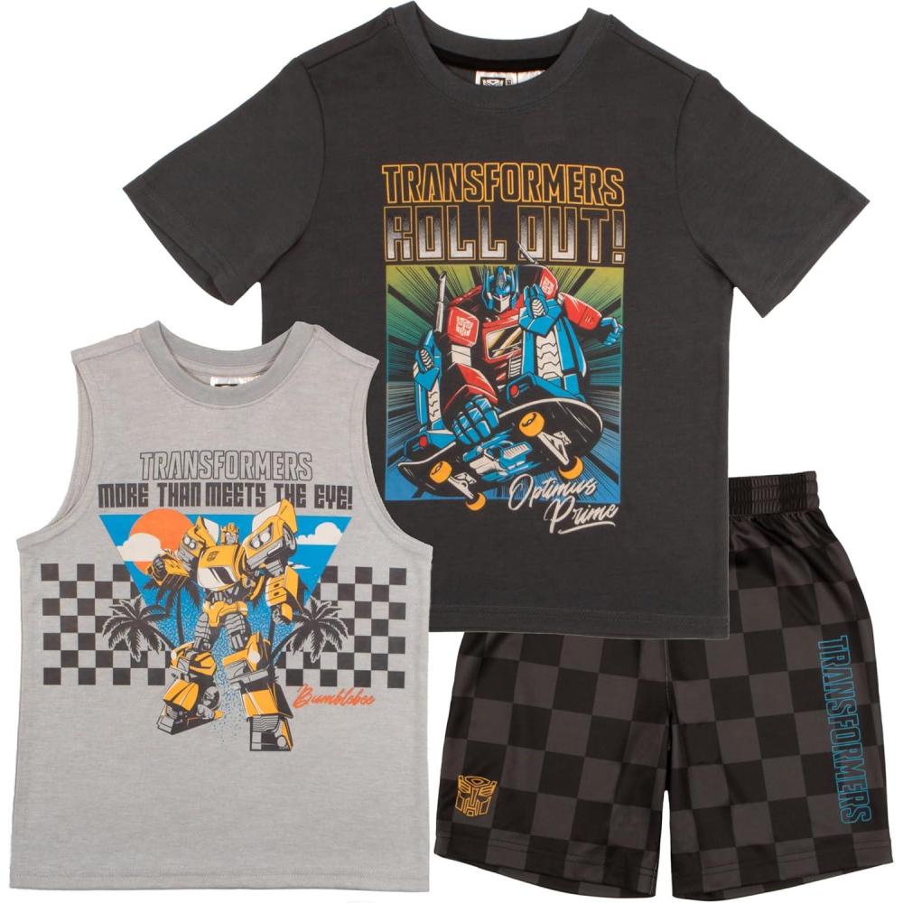 image:imageTransformers Boys 512 Blue Cotton Blend Modern Short Sleeve Shirt Tank Top and Shorts 3 Pack Bundle Set for KidsBlack and Grey