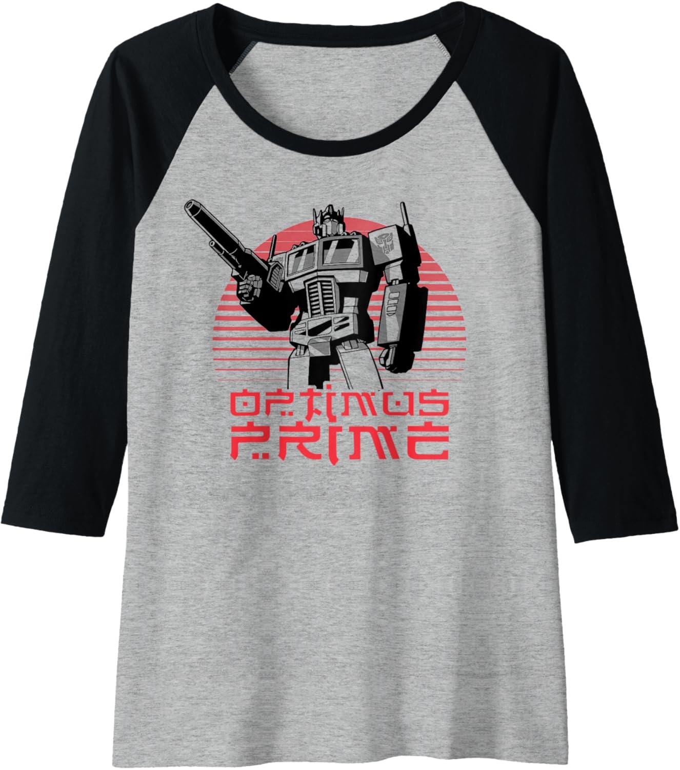 image:imageTransformers Optimus Prime Retro Kanji Sunset Portrait Raglan Baseball TeeBlackAthletic Heather
