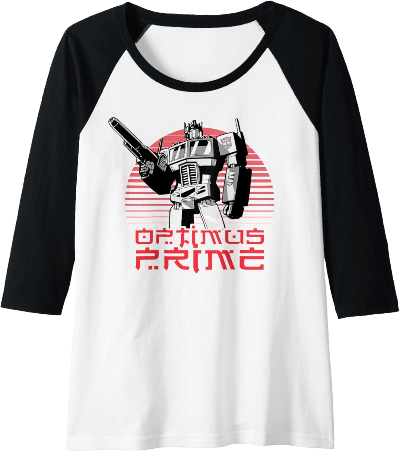 image:imageTransformers Optimus Prime Retro Kanji Sunset Portrait Raglan Baseball TeeBlackWhite