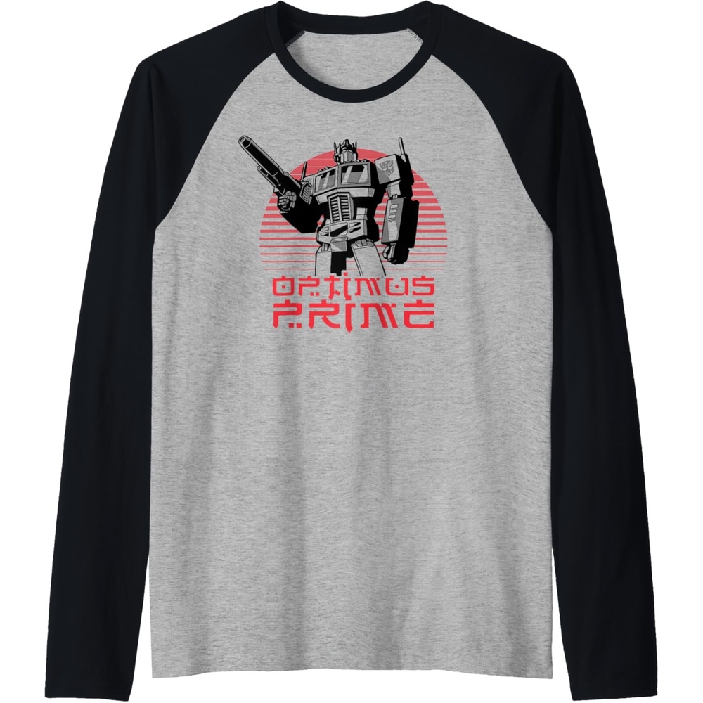 image:imageTransformers Optimus Prime Retro Kanji Sunset Portrait Raglan Baseball TeeBlackAthletic Heather