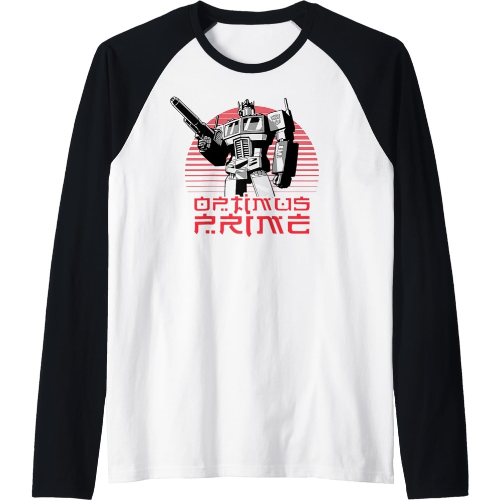 image:imageTransformers Optimus Prime Retro Kanji Sunset Portrait Raglan Baseball TeeBlackWhite
