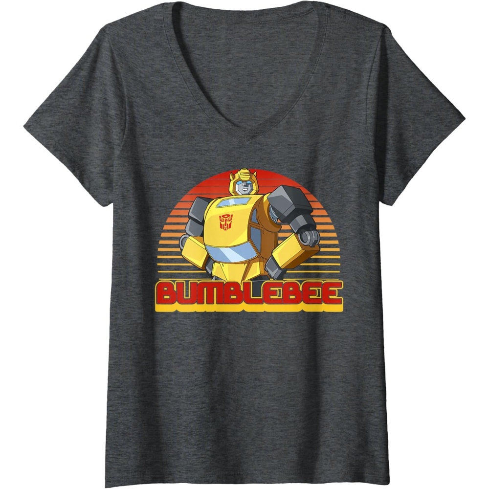 image:imageWomens Transformers Bumblebee Retro Stripes Vintage Portrait VNeck TShirtDark Heather Grey