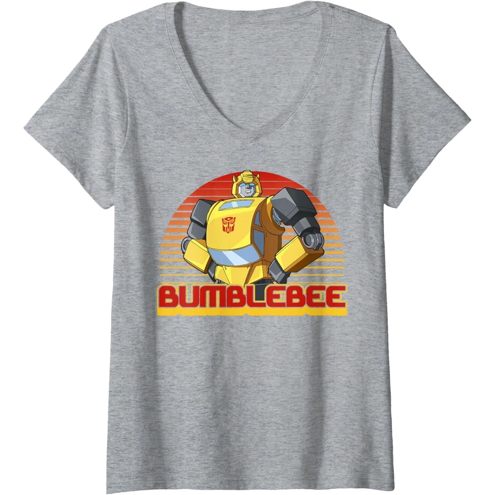 image:imageWomens Transformers Bumblebee Retro Stripes Vintage Portrait VNeck TShirtHeather Grey