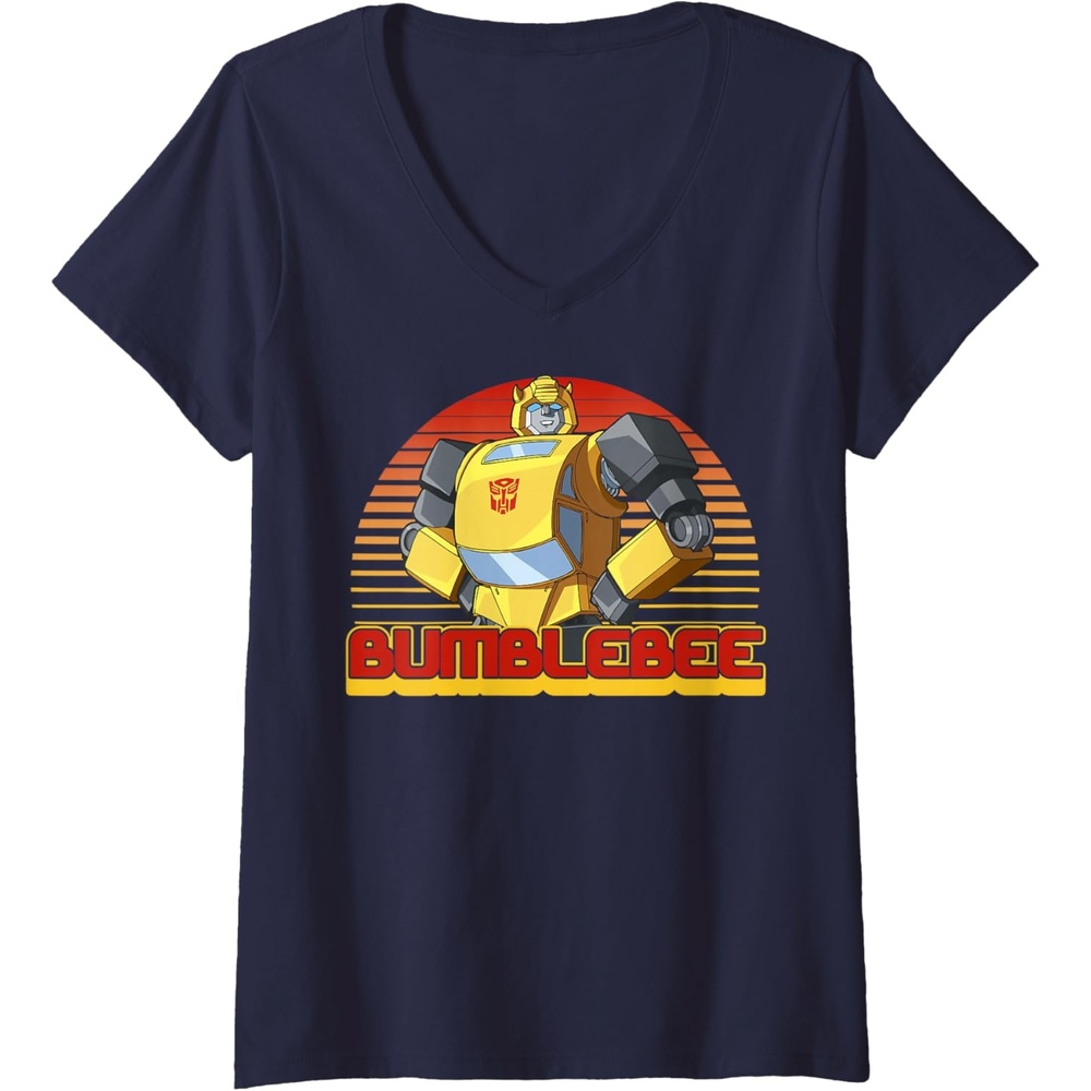 image:imageWomens Transformers Bumblebee Retro Stripes Vintage Portrait VNeck TShirtNavy Blue