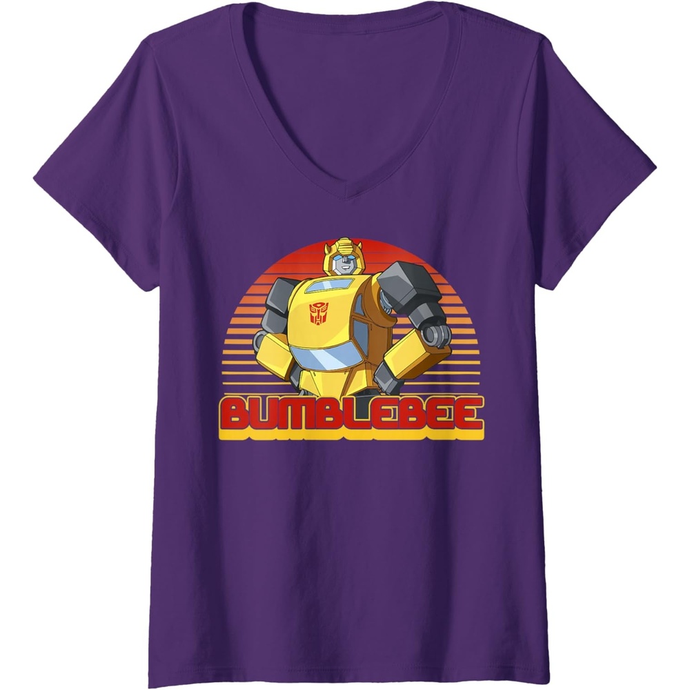 image:imageWomens Transformers Bumblebee Retro Stripes Vintage Portrait VNeck TShirtPurple