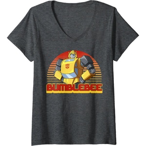 Womens Transformers Bumblebee Retro Stripes Vintage Portrait V-Neck T-Shirt(Dark Heather Grey)