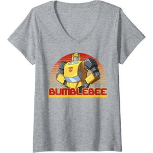 Womens Transformers Bumblebee Retro Stripes Vintage Portrait V-Neck T-Shirt(Heather Grey)