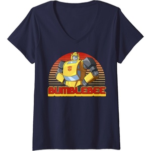 Womens Transformers Bumblebee Retro Stripes Vintage Portrait V-Neck T-Shirt(Navy Blue)
