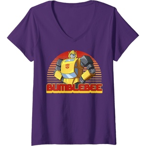 Womens Transformers Bumblebee Retro Stripes Vintage Portrait V-Neck T-Shirt(Purple)