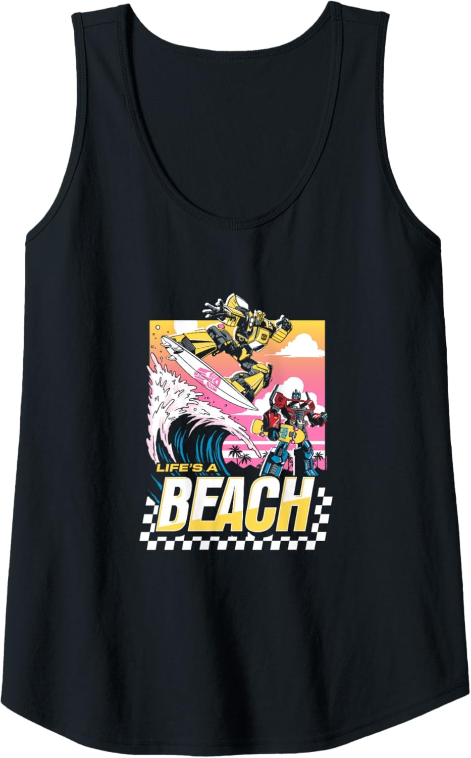 image:imageTransformers Bumblebee Surfing Lifes A Beach Portrait Tank TopBlack