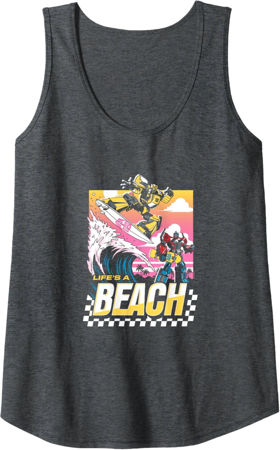 image:imageTransformers Bumblebee Surfing Lifes A Beach Portrait Tank TopDark Heather Grey
