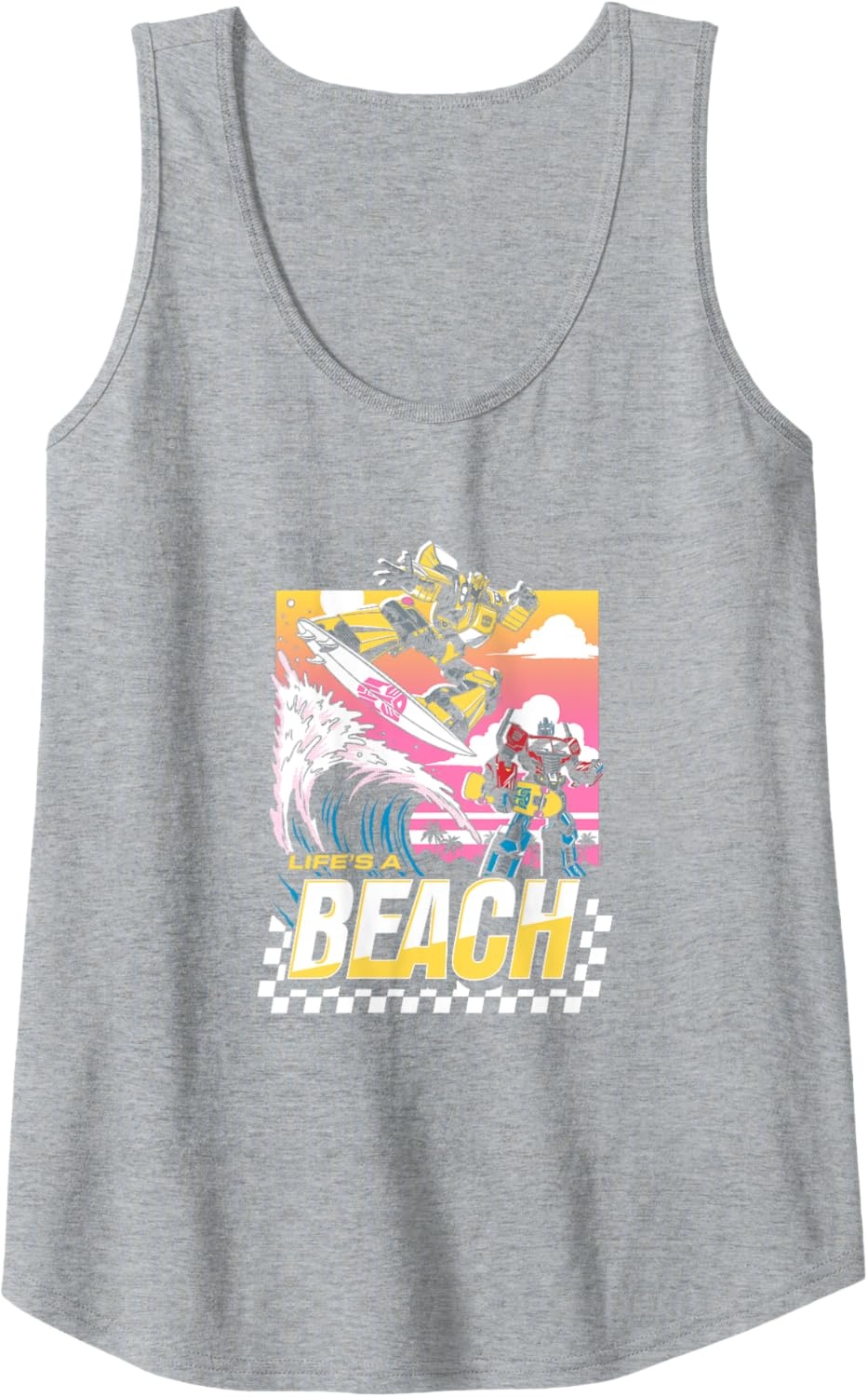 image:imageTransformers Bumblebee Surfing Lifes A Beach Portrait Tank TopHeather Grey
