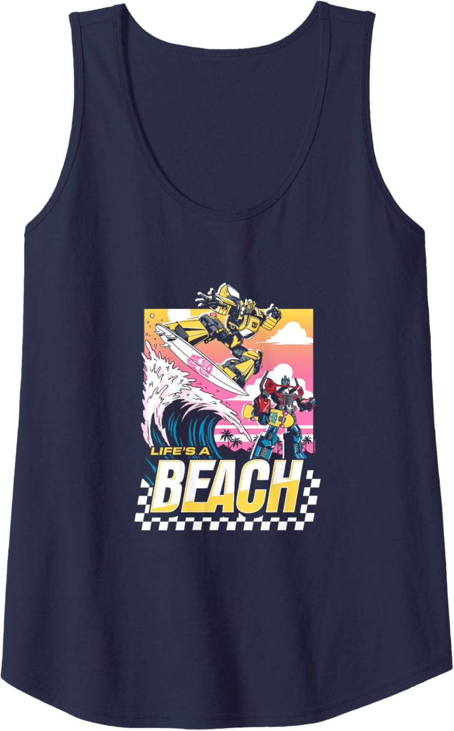 image:imageTransformers Bumblebee Surfing Lifes A Beach Portrait Tank TopNavy Blue