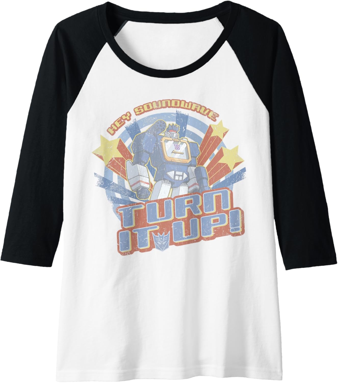 image:imageTransformers Hey Soundwave Turn It Up Classic Retro Logo Raglan Baseball TeeBlackWhite