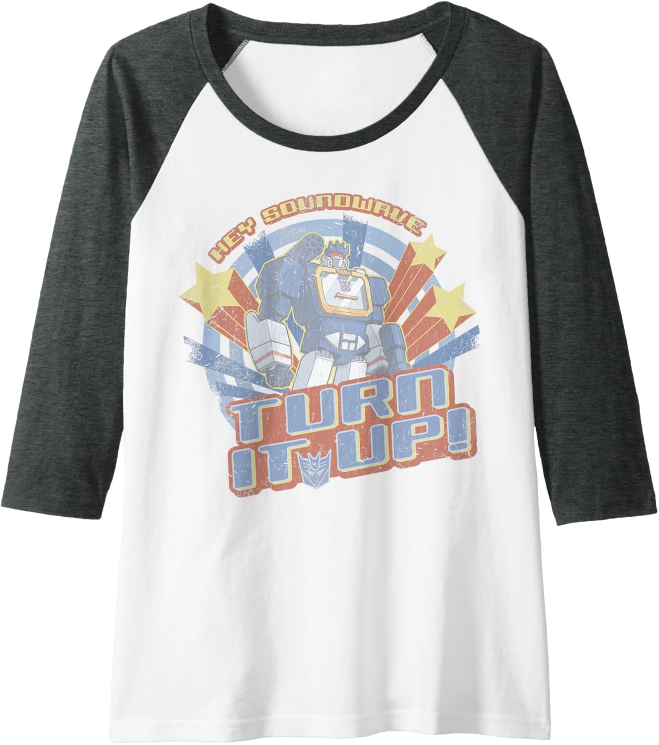 image:imageTransformers Hey Soundwave Turn It Up Classic Retro Logo Raglan Baseball TeeDark Heather GreyWhite
