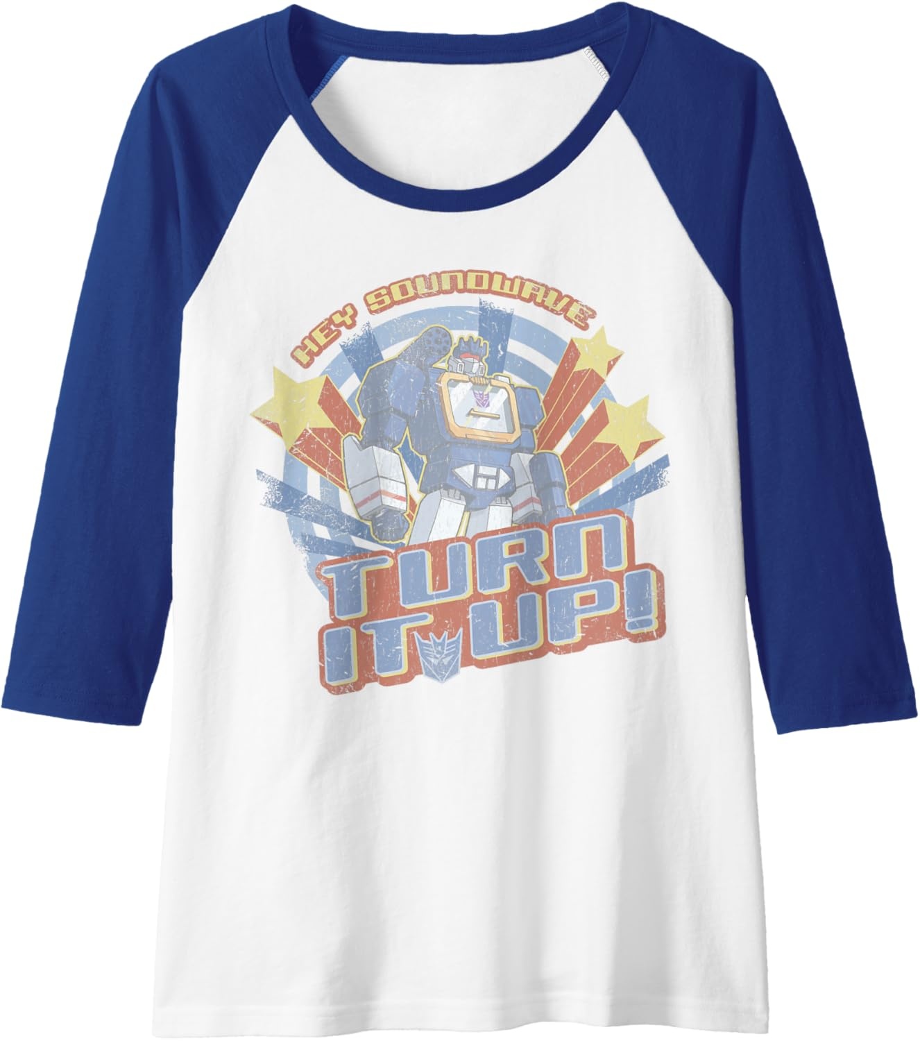 image:imageTransformers Hey Soundwave Turn It Up Classic Retro Logo Raglan Baseball TeeRoyal BlueWhite
