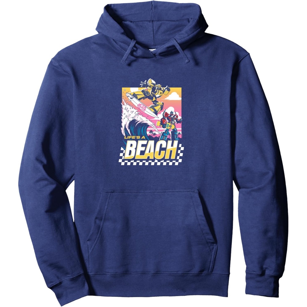 image:imageTransformers Bumblebee Surfing Lifes A Beach Portrait Pullover HoodieNavy Blue