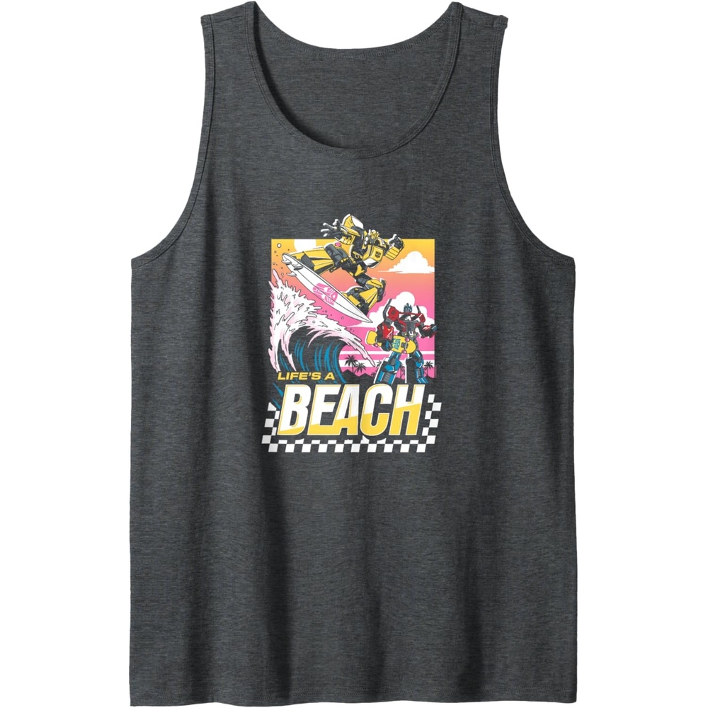 image:imageTransformers Bumblebee Surfing Lifes A Beach Portrait Tank TopDark Heather Grey