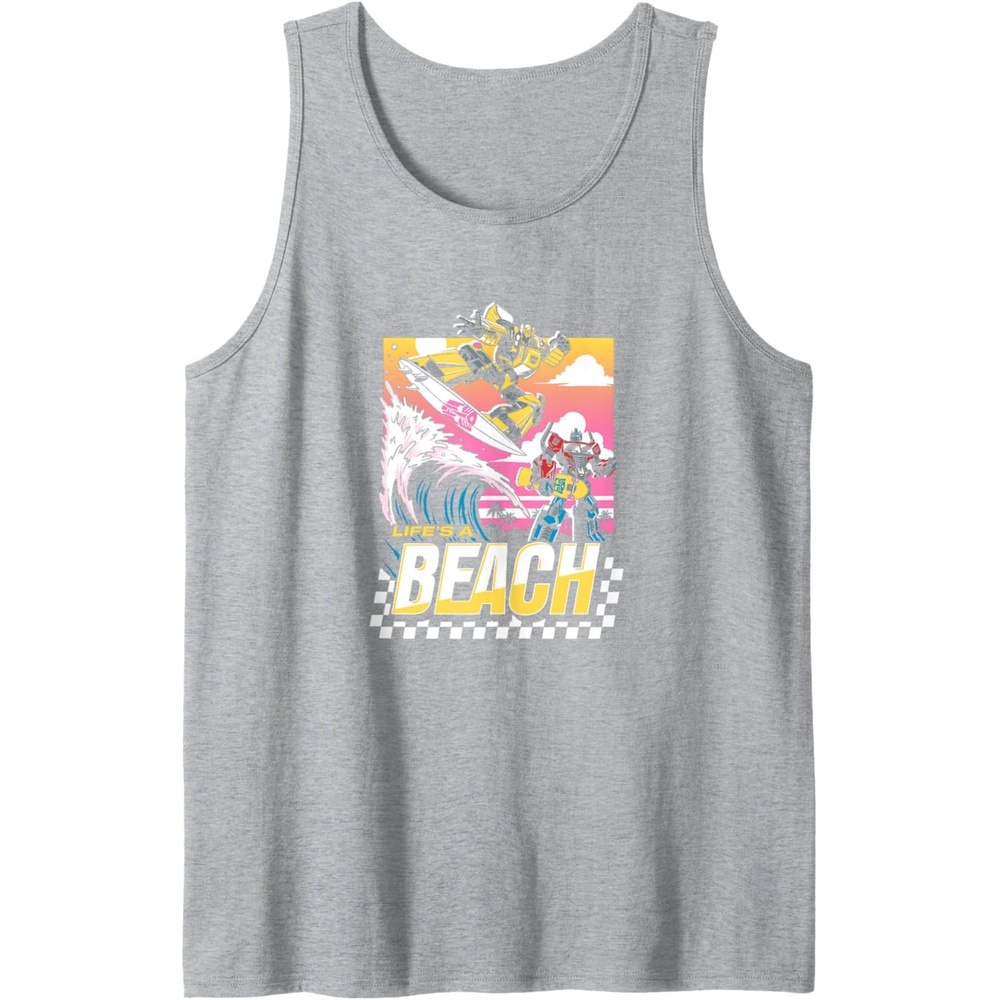image:imageTransformers Bumblebee Surfing Lifes A Beach Portrait Tank TopHeather Grey