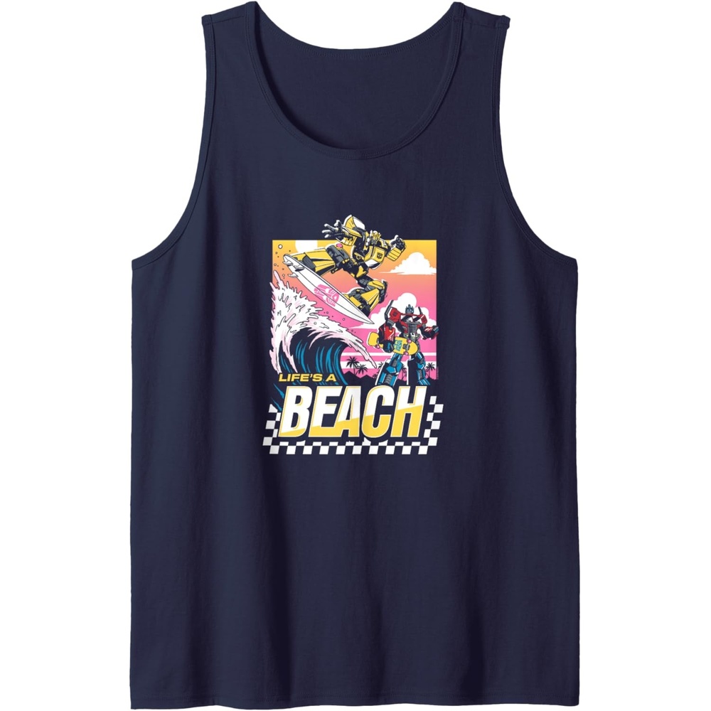 image:imageTransformers Bumblebee Surfing Lifes A Beach Portrait Tank TopNavy Blue