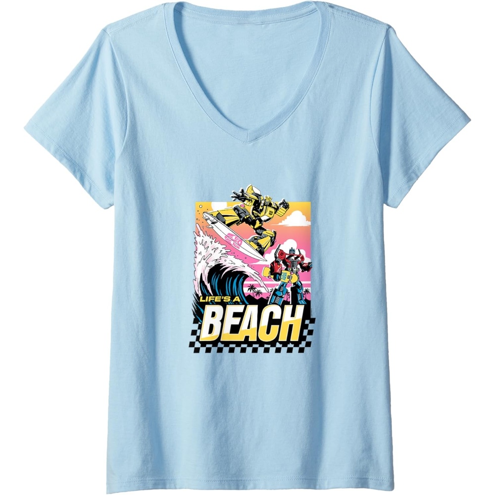 image:imageTransformers Bumblebee Surfing Lifes A Beach Portrait VNeck TShirtBaby Blue