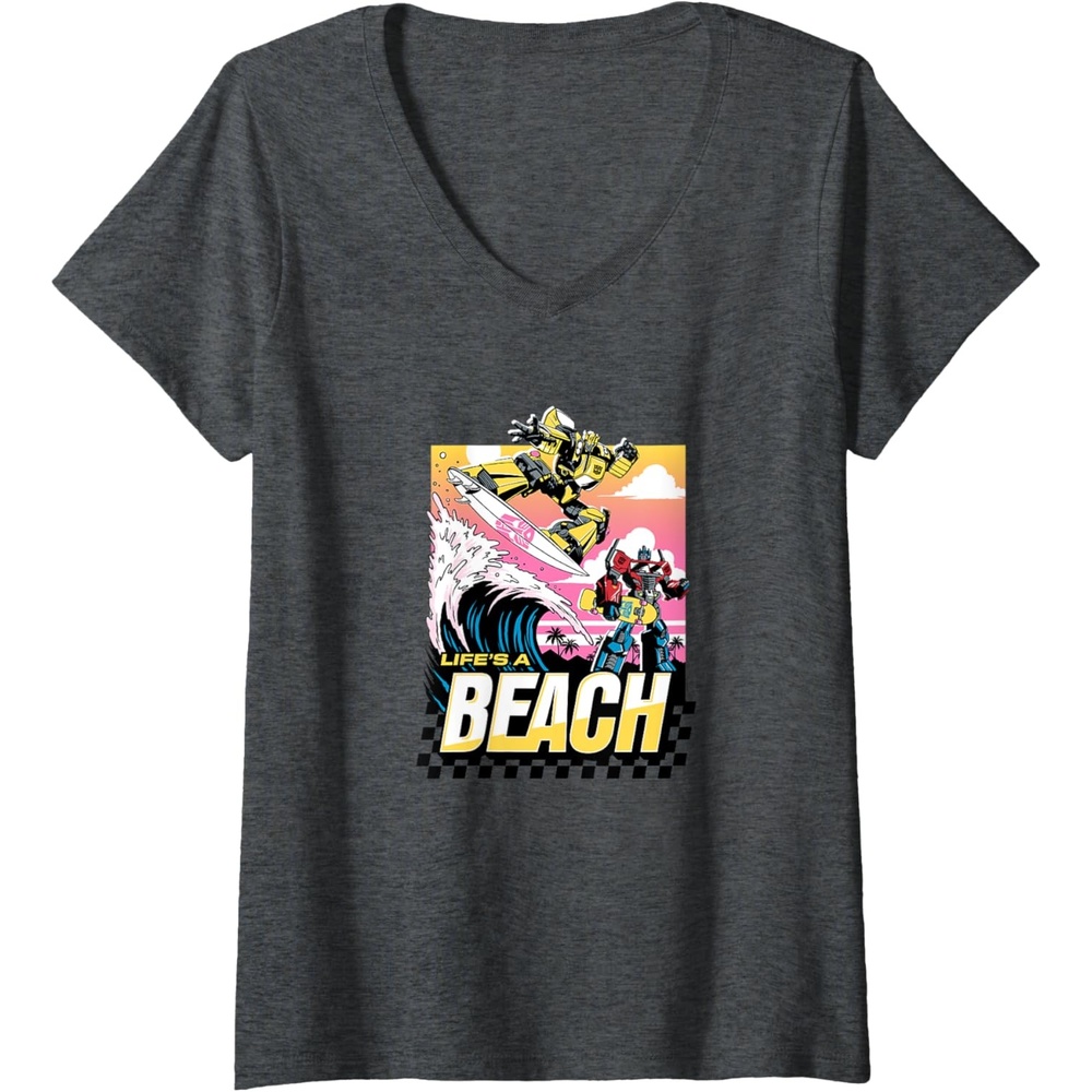 image:imageTransformers Bumblebee Surfing Lifes A Beach Portrait VNeck TShirtDark Heather Grey