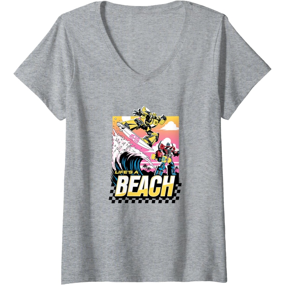 image:imageTransformers Bumblebee Surfing Lifes A Beach Portrait VNeck TShirtHeather Grey