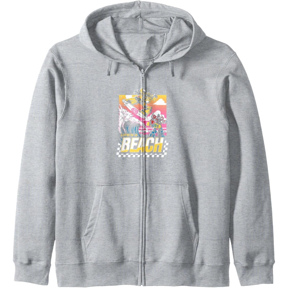 image:imageTransformers Bumblebee Surfing Lifes A Beach Portrait Zip HoodieHeather Grey