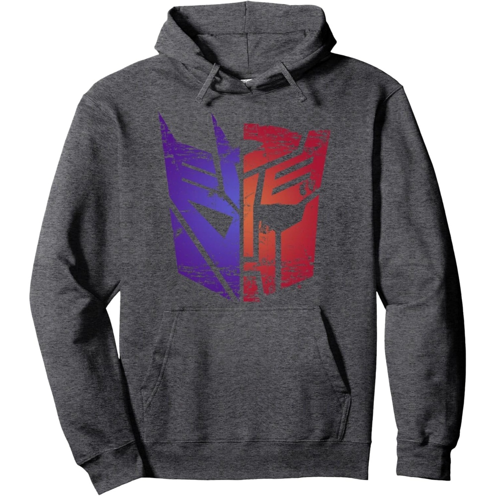 image:imageTransformers Decepticon Autobot Distressed Split Logo Pullover HoodieDark Heather Grey