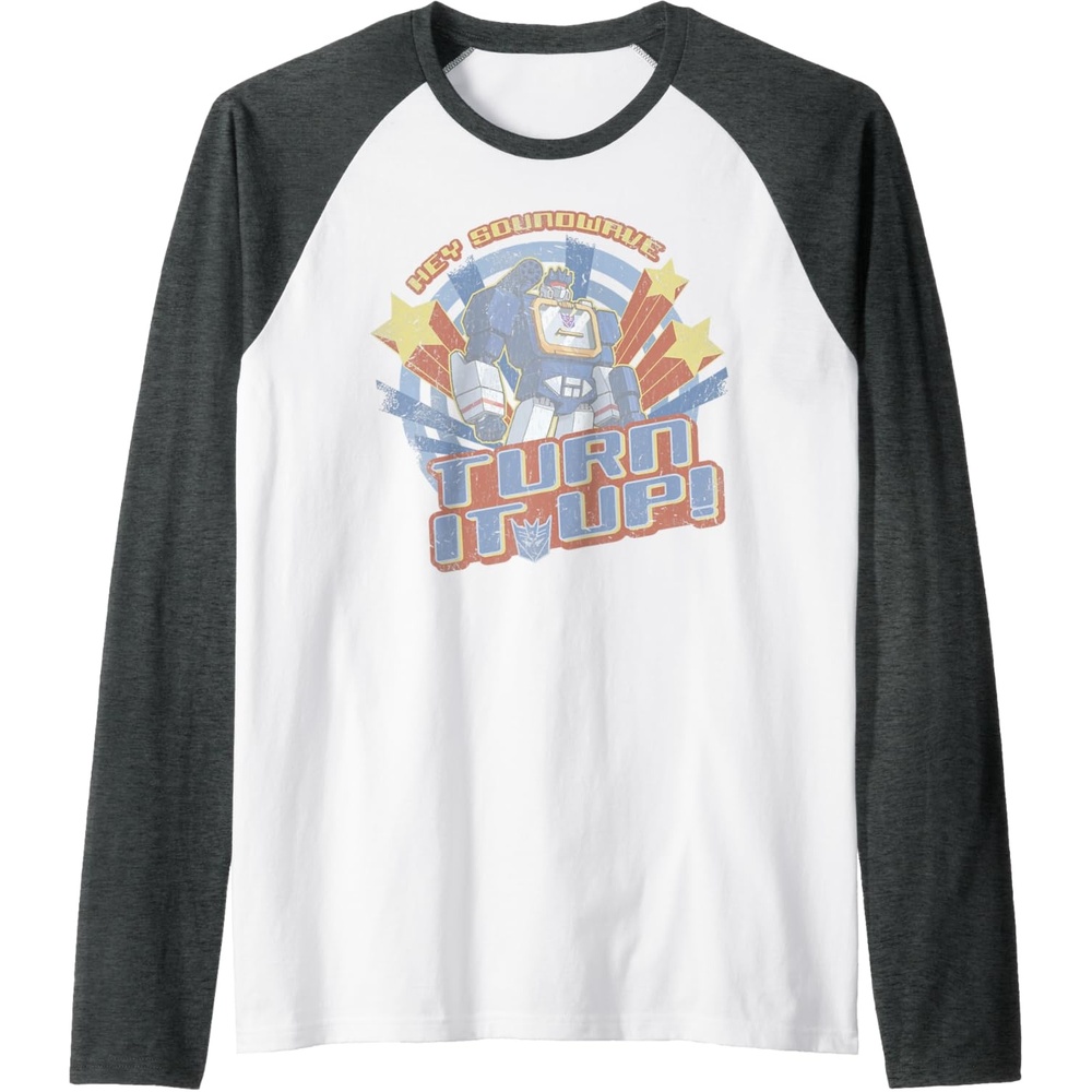 image:imageTransformers Hey Soundwave Turn It Up Classic Retro Logo Raglan Baseball TeeDark Heather GreyWhite