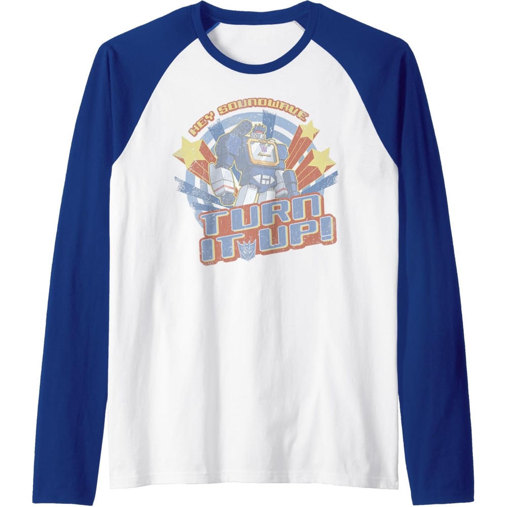 image:imageTransformers Hey Soundwave Turn It Up Classic Retro Logo Raglan Baseball TeeRoyal BlueWhite